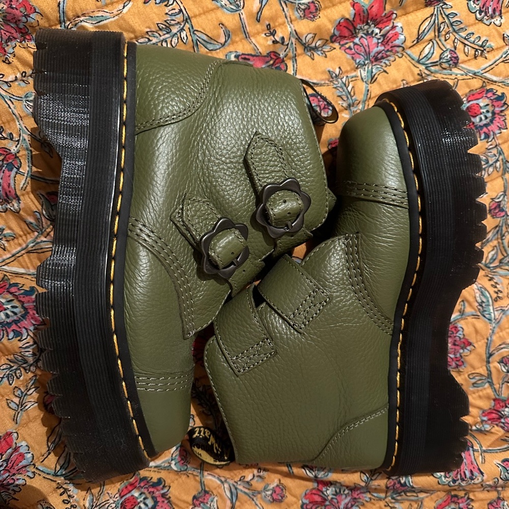 Dr. Martens Olive Green Devon Flower Buckle Platform Boots
